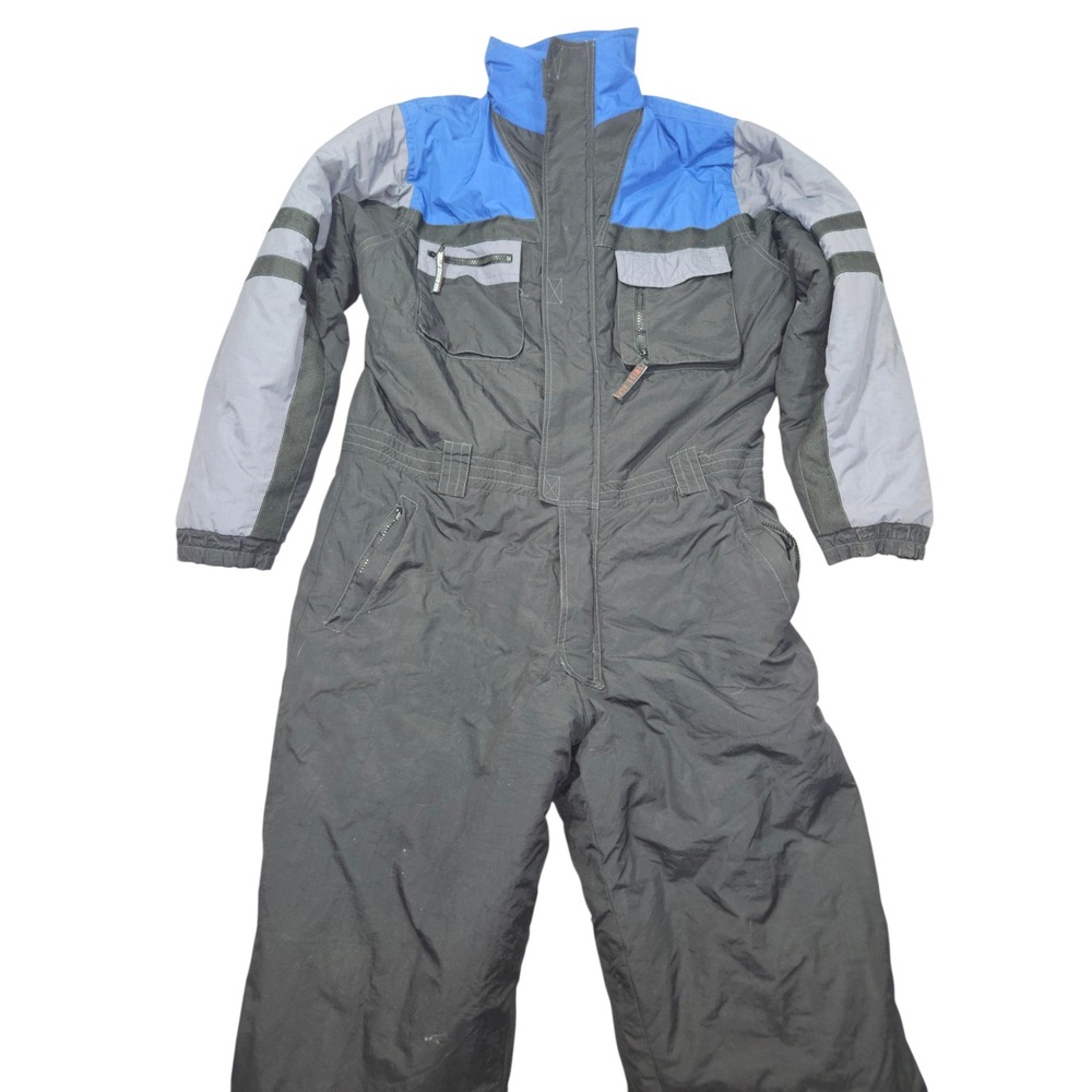 VTG Swiss Alps 90s Colorblock Insulated Ski Snow Suit One Piece Black Blue Sz L